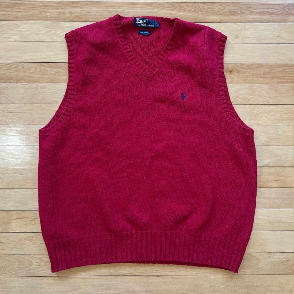 Polo Ralph Lauren Sweater Vest Mens XL Red V-Neck Cotton Knit Pony Logo Classic